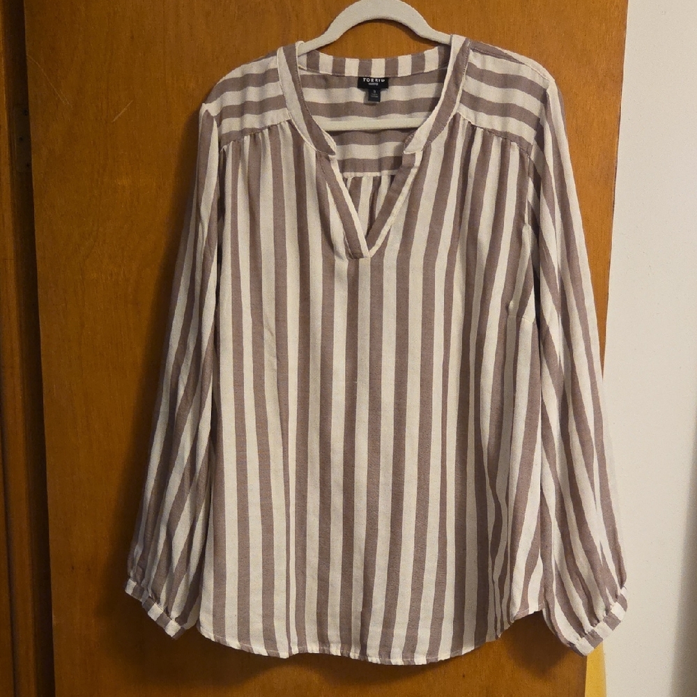 Torrid Striped Blouse - Cream and Brown